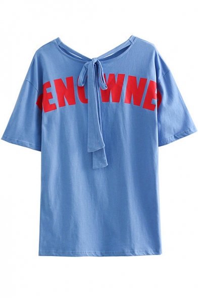 Women's ENO WNE Letter Printed Short Sleeve Bow-Tied Round Neck Casual Blue Tee