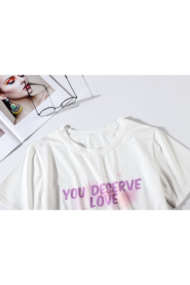 Women's Funny YOU DESERVE LOVE Letter Tie-dyed Printed Round Neck Short Sleeve Cropped White Tee