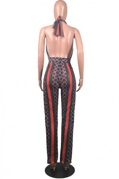 Women's Hot Fashion Stripes Sexy Backless Plunge Neck Spaghetti Straps Mesh Detail Slim Fit Jumpsuit