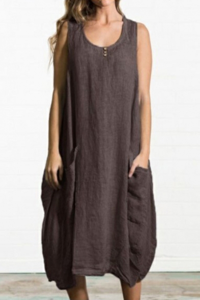 Women's Loose Plain Printed Scoop Neck Sleeveless Button Detail Midi Tank Linen Dress With Pockets