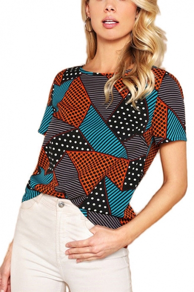 Women's New Trendy Color Block Geometric Printed Round Neck Short Sleeve Tee