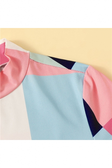 Women's New Trendy Plaid Printed Short Sleeve Mock Neck Pink T-Shirt