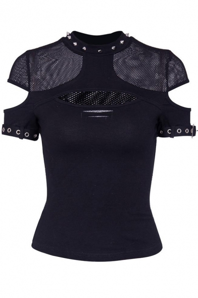 Women's Punk Style Cool Cutout Mesh Panel Short Sleeve Black Slim Fit T-Shirt