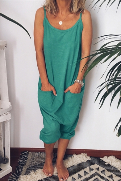Women's Simple Plain Sleeveless Straps Baggy Jumpsuits with Pocket