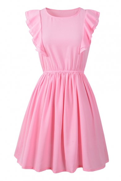Women's Simple Solid Color Round Neck Ruffled Hem Mini A-Line Dress
