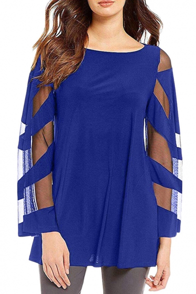 Women's Solid Color Round Neck Mesh Panel Long Sleeve Casual Loose Chiffon Blouse Top