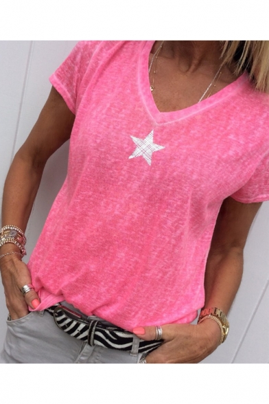 Women's Stylish Stars Printed V Neck Short Sleeve Casual T-Shirt