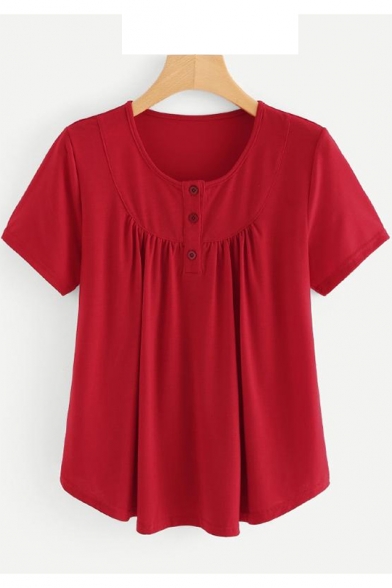 Womens Basic Simple Plain Round Neck Short Sleeve Three-Button Front Burgundy T-Shirt