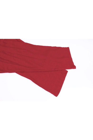 Womens Basic Solid Color V-Neck Long Sleeve Split Side Bow-Tied Waist Maxi Dress