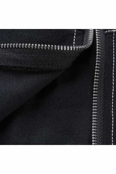 Womens Cool Street Fashion Contrast Stitching Zipper Front Mini Black Denim Skirt