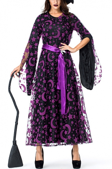 Womens Halloween Witch Cosplay Costume Purple Moon Printed Tied Waist Party Dress Two-Piece Maxi Dress