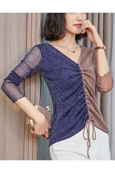 Womens New Trendy Colorblock V-Neck Long Sleeve Drawstring Front Glitter Mesh T-Shirt