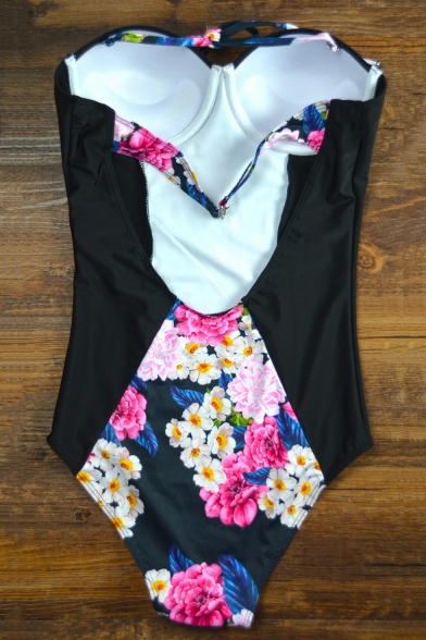 Womens New Trendy Vintage Halter Neck Floral Print Black One Piece Swimsuit Swimwear