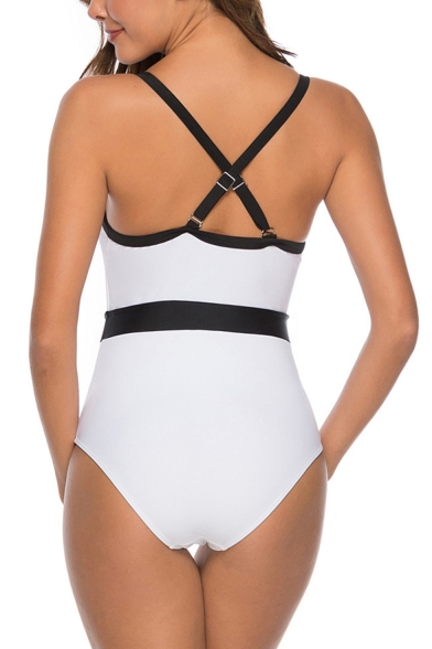 Womens Popular Colorblock V-Neck Cut Out White One Piece Swimsuit