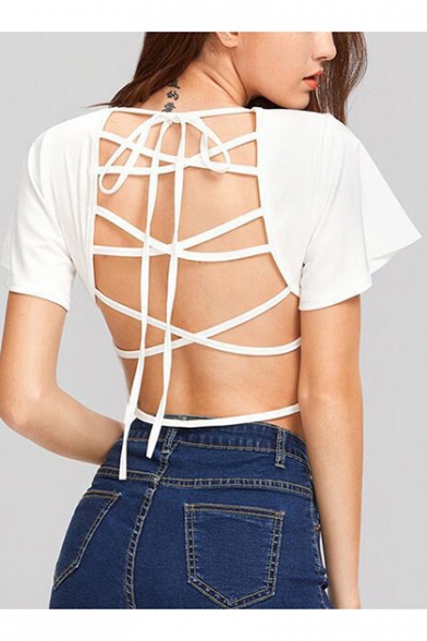 Womens Sexy Crisscross Strappy Hollow Out Back Short Sleeve White Cropped Tee