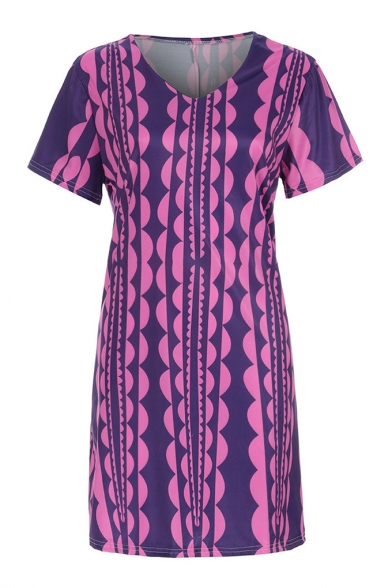 Womens Summer Fashionable Printed V-Neck Short Sleeve Midi Casual Dress