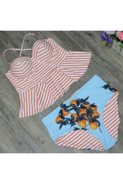 Womens Summer Orange Striped Printed Two-Piece Swimwear