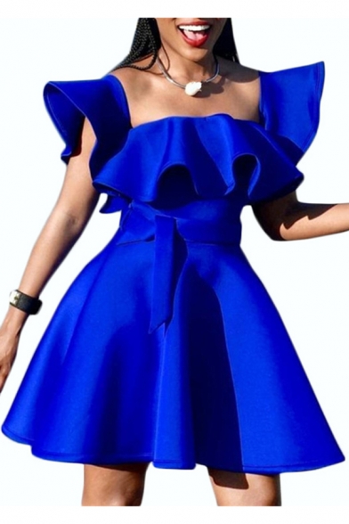 Womens Summer Trendy Plain Blue Square Neck Ruffled Hem Tied Waist Mini A-Line Swing Dress