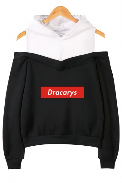 Basic Simple Letter DRACARYS Cold Shoulder Long Sleeve Relaxed Pullover Hoodie