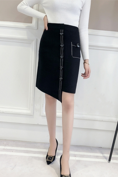 Black Chic Button Down Split High Rise Mini Knit Bodycon Asymmetrical Skirt