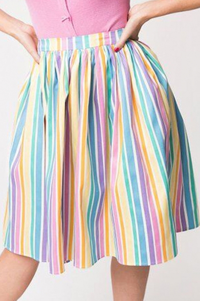 

Chic Colorful Stripe Printed Mini A-Line Swing Skirt for Women, LM519012