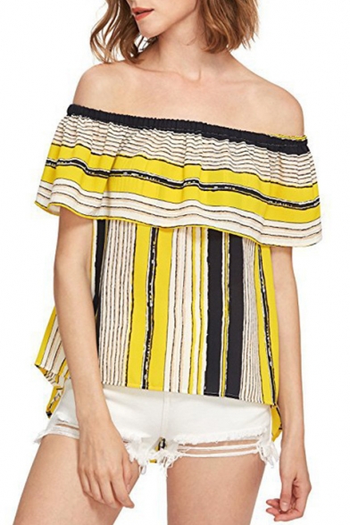 Colorful Striped Printed Off The Shoulder Flutter Sleeve Chiffon Tee