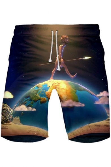 Cool Funny Comic Figure on Earth Printed Drawstring Waist Cotton Loose Relaxed Shorts