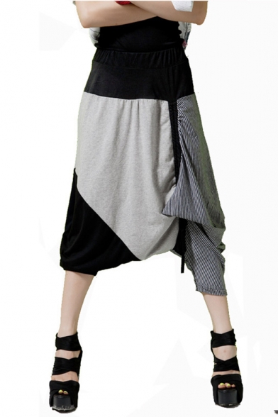 Cool Hip Hop Fashion Streetwear Unique Patchwork Low-Crotch Cropped Harem Pants