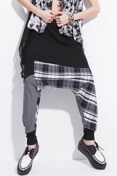 Cool Street Style Plaid Patchwork Dropped-Crotch Casual Baggy Harem Pants for Women