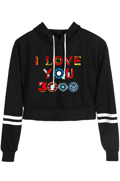 Fancy Colorful Letter I Love You 3000 Striped Long Sleeve Cropped Drawstring Hoodie
