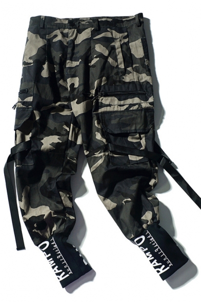 Fashion Green Camouflage Letter Cuff Zip Pocket Ribbon Design Cotton Jogger Cargo Pants for Men