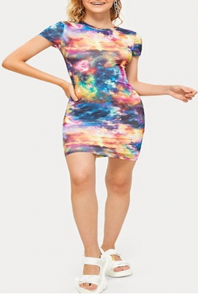 Fashion Unique Galaxy Tie Dye Round Neck Short Sleeve Mini Fitted T-Shirt Dress