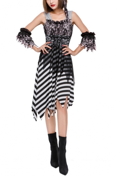 Girls Halloween Pirate Cosplay Costume Stripe Printed Asymmetrical Cami Dress