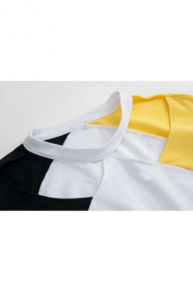 Girls New Trendy Colorblock Cut Out Three-Quarter Sleeve Loose T-Shirt