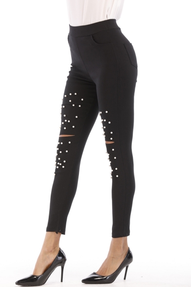 Hot Fashion Beading Embellished Cut Out Womens Black Skinny Fit Jeggings Leggings