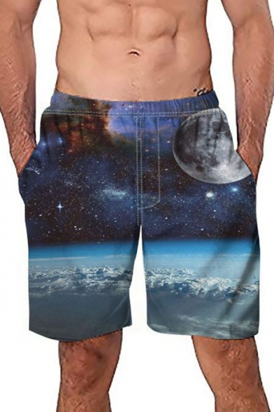 Hot Fashion Blue Galaxy Planet Printed Loose Casual Beach Swim Trunks for Guys