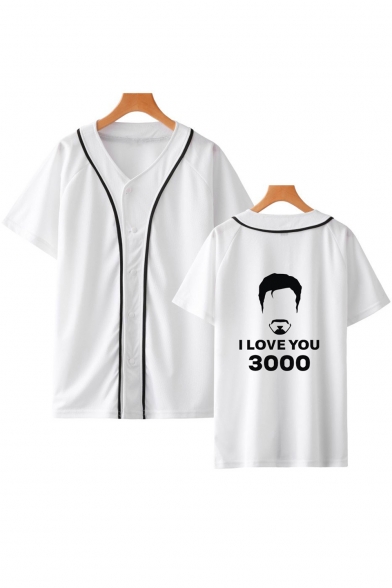 Hot Fashion Figure Letter I Love You 3000 Short Sleeve V-Neck Button Baseball Shirt