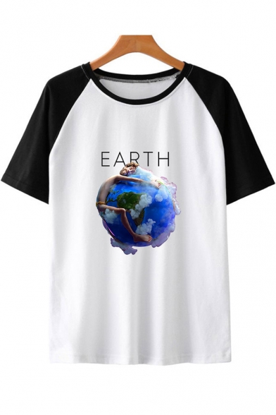 Hot Fashion Funny Figure Earth Print Colorblock Short Sleeve Unisex Relaxed T-Shirt