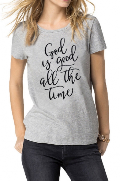 Hot Fashion Funny Letter GOD IS GOOD ALL THE TIME Printed Round Neck Short Sleeve Grey T-Shirt