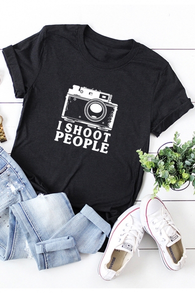 Letter I SHOOT PEOPLE Camera Print Short Sleeve Round Neck Loose Relaxed Tee