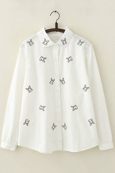 

Lovely Allover Cartoon Rabbit Embroidery Long Sleeve Relaxed White Shirt, LC517990