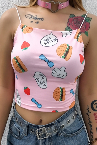 Lovely Cartoon Hamburger Printed Cool Streetwear Pink Crop Cami Top