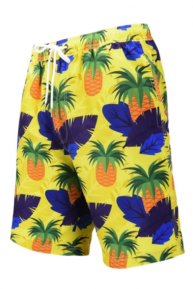 Men's Summer Fashion Yellow Pineapple Printed Drawcord Waist Beach Swim Trunks with Lining