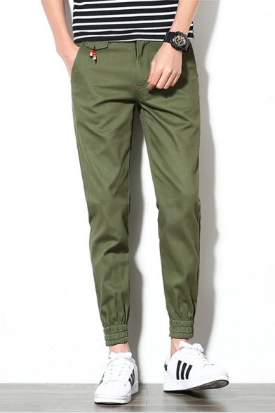 Mens Simple Plain Embellish Pocket Zip-fly Casual Cotton Elastic-Cuffed Tapered Trousers