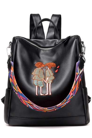 New Collection Stylish Figure Embroidery Printed Black Soft Leather Shoulder Bag Casual Backpack 22*16*31 CM