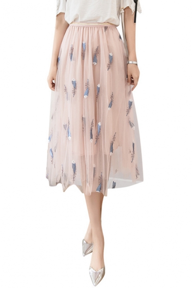 New Fancy Feather Embroidery High Rise Midi A-Line Gauze Mesh Skirt