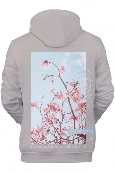 New Fashion Floral Pattern Long Sleeve Grey Pullover Hoodie
