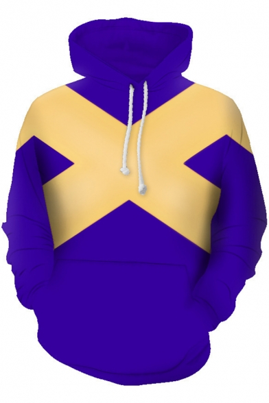 New Stylish Blue and Yellow Letter X Colorblock Long Sleeve Pullover Hoodie