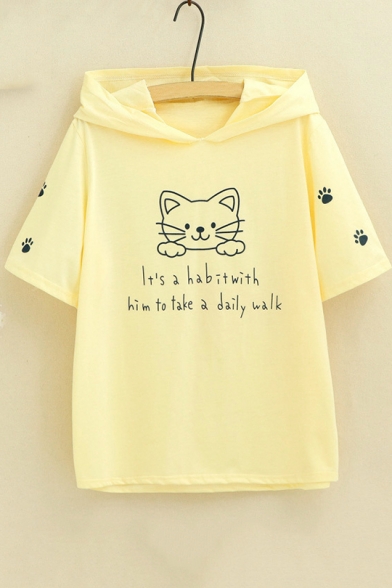 New Trendy Casual Lovely Cat Print Letter Short Sleeve Hooded Graphic Tee