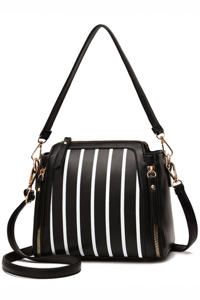 New Trendy Striped Print Zipper Embellishment Shoulder Handbag Saddle Bag 22*10*16 CM